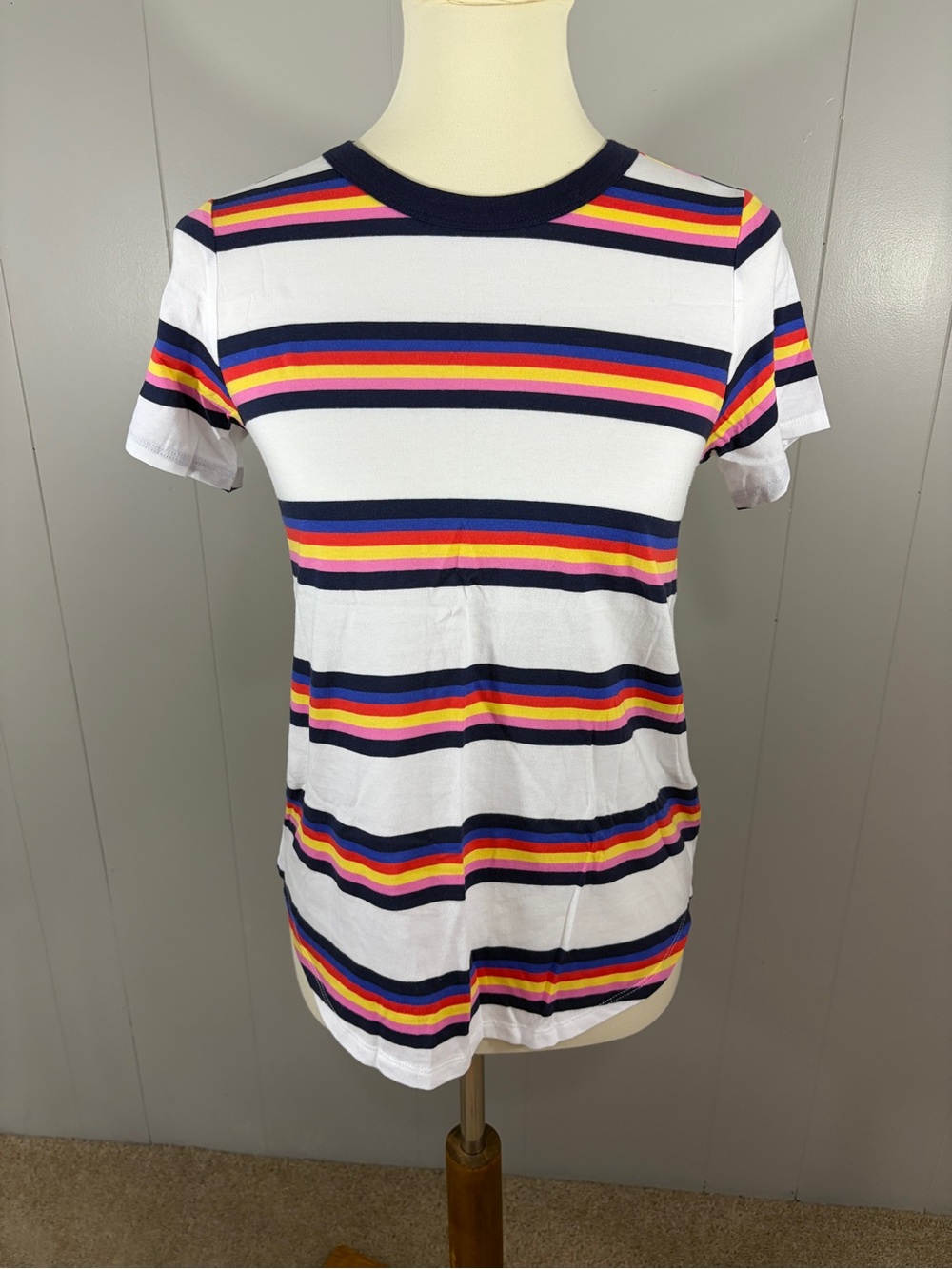 Old Navy White Short-Sleeve Tee with Navy, Pink, Red, Orange & Yellow Stripes
